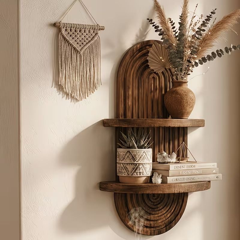 Arched solid wood 2-tier wall plant shelf with grooved backboard, front view — Serein Home