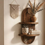 Arched solid wood 2-tier wall plant shelf with grooved backboard, front view — Serein Home