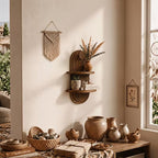 Two-tier arched wooden floating shelf shown from a side angle, both half-round tiers — Serein Home