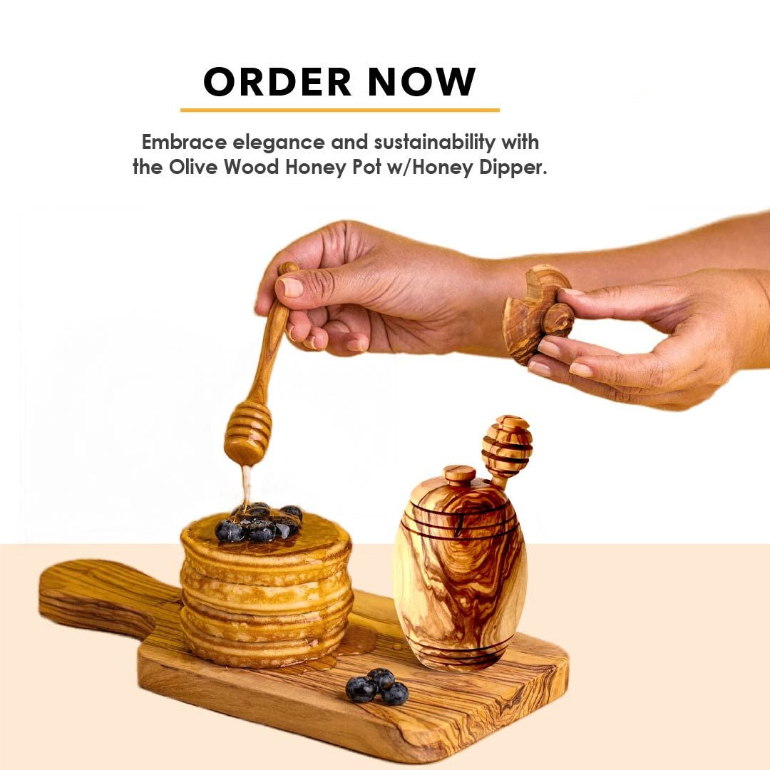 Olive wood honey pot with dipper on kitchen counter, rustic natural decor