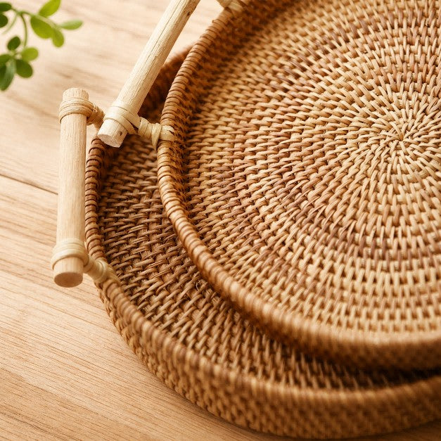 Round Rattan Serving Tray with Handles