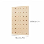 Wooden pegboard with dimensions labeled on a white background