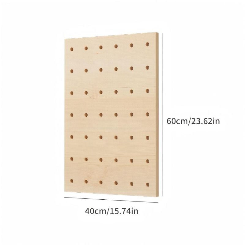 Wooden pegboard with dimensions labeled on a white background