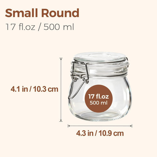 17oz clip-top glass jar filled with dried herbs showing size relative to kitchen counter