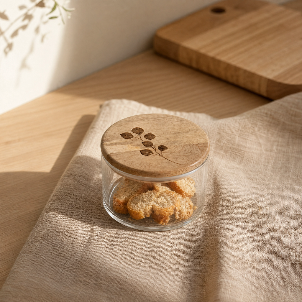 Leafy twig glass storage jar with engraved wooden lid on linen cloth - artisan kitchen canister - Serein Home