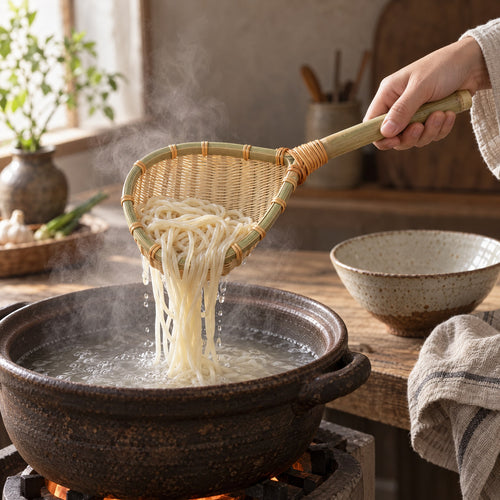 Hand lifting fresh noodles from a steaming clay pot with a handwoven bamboo strainer, Serein Home