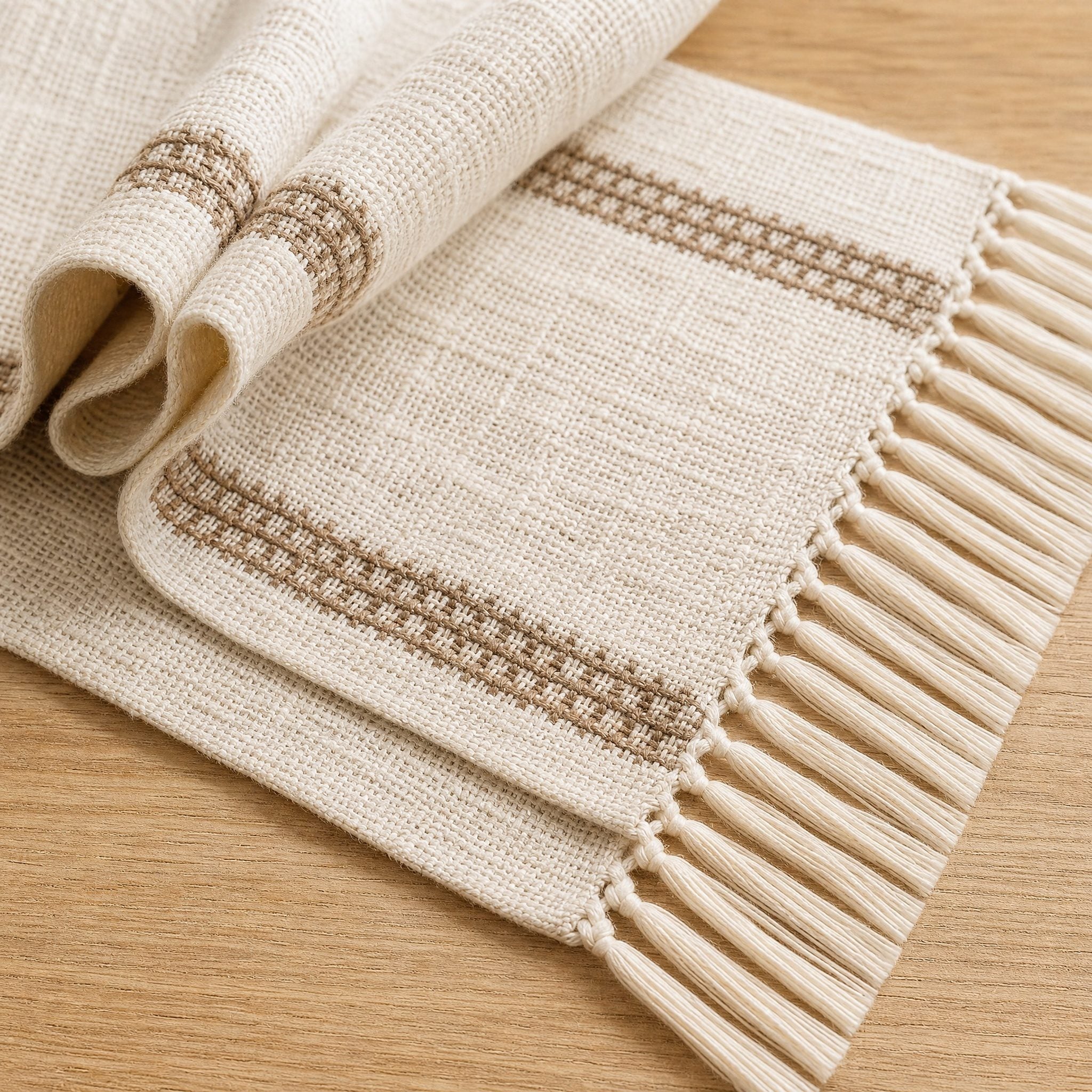 Close up of handwoven linen cotton table runner texture with natural tassel fringe detail
