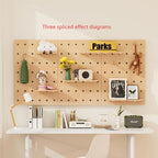 Wooden pegboard with various decorative items in a home office setting