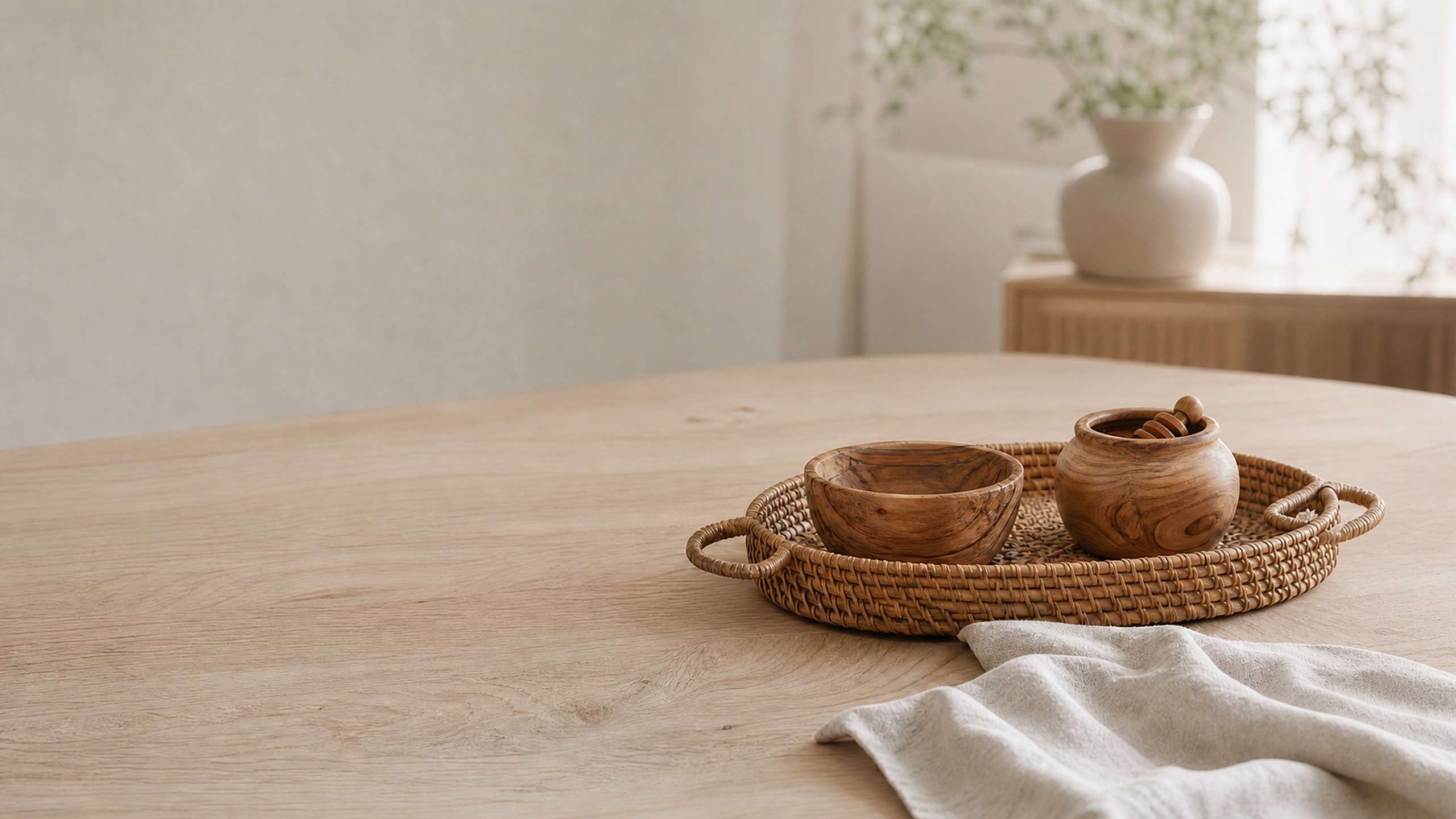 Olive wood kitchenware arranged on a woven rattan tray with natural linen in a warm, neutral home setting.