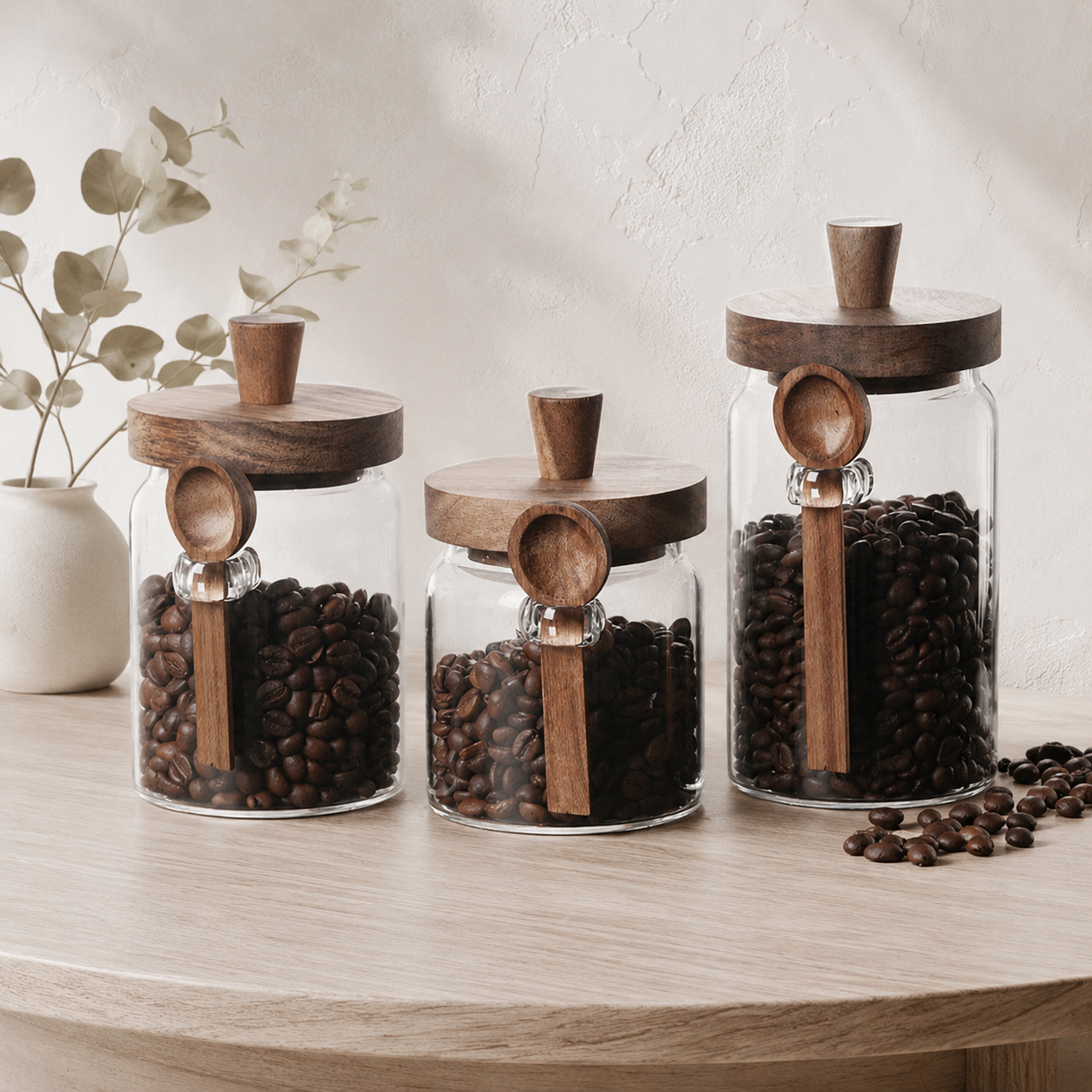 Glass Storage Jars with Walnut Wood Lid and Spoon — Set of 3 | Serein Home