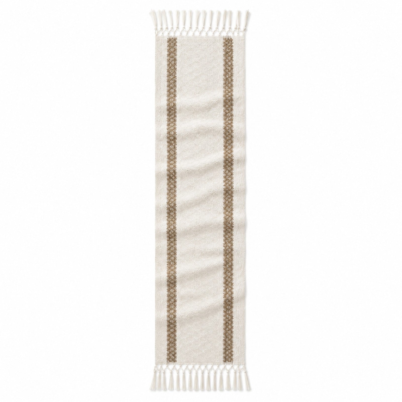 Ivory linen cotton table runner with natural beige double stripe pattern and tassel fringe