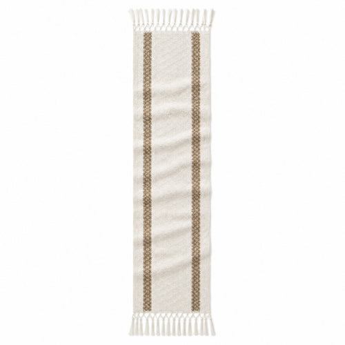 Ivory linen cotton table runner with natural beige double stripe pattern and tassel fringe