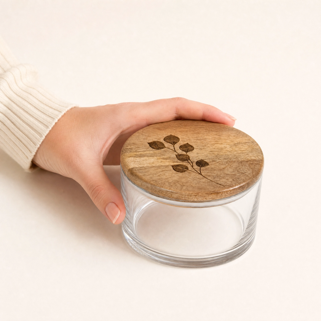 Leafy Twig Glass Storage Jar with Wooden Lid — 700ml | Serein Home