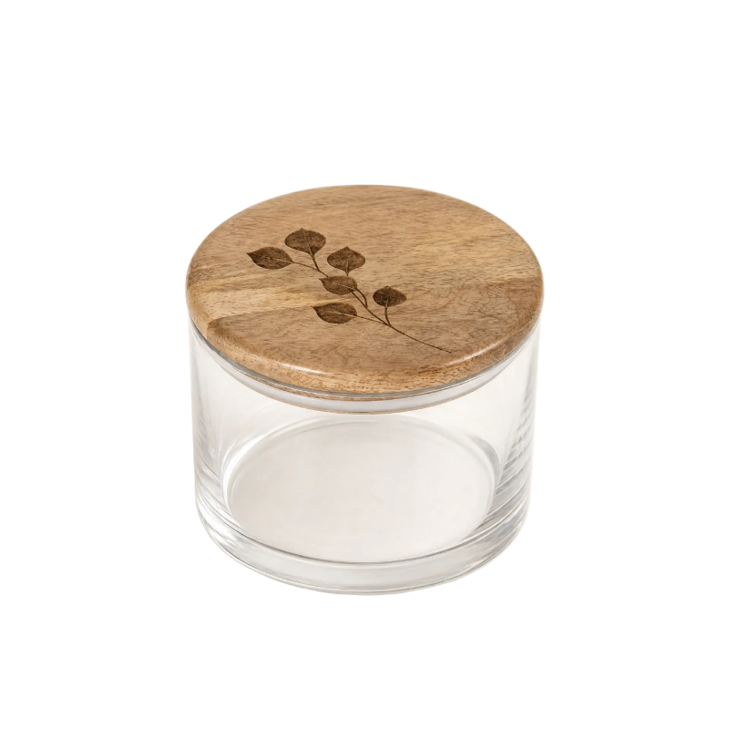 Leafy twig glass storage jar with engraved mango wood lid 700ml - Serein Home