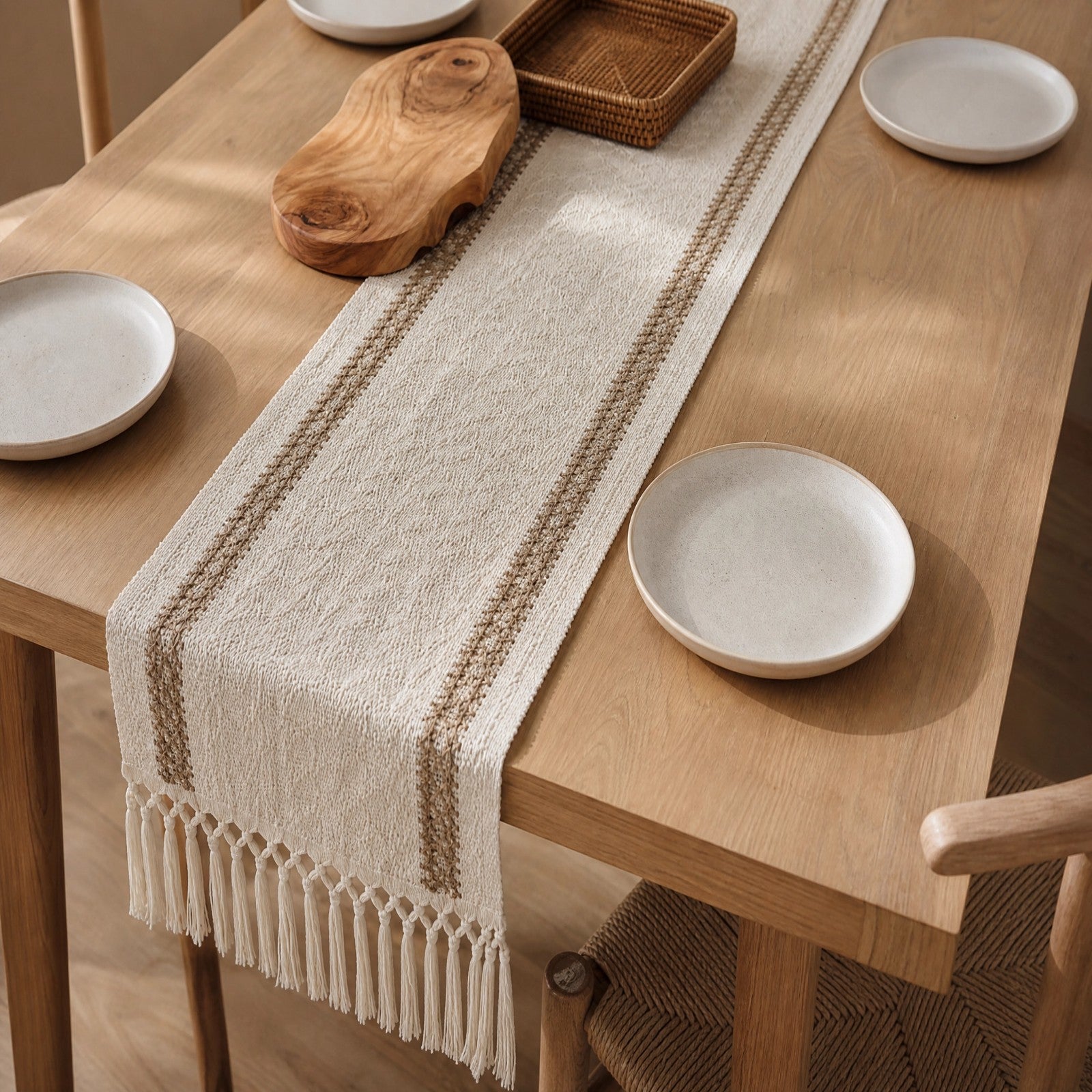 Natural ivory table runner paired with olive wood tray on wooden dining table