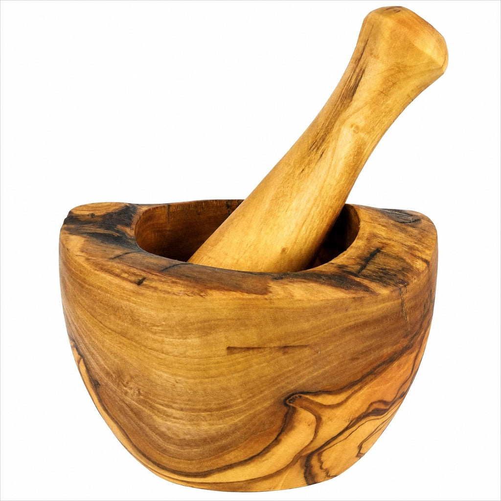 Wooden mortar and pestle on a white background