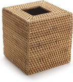 Open-bottom view of the natural handwoven rattan tissue box cover by Serein Home, showing the accessible refill design.