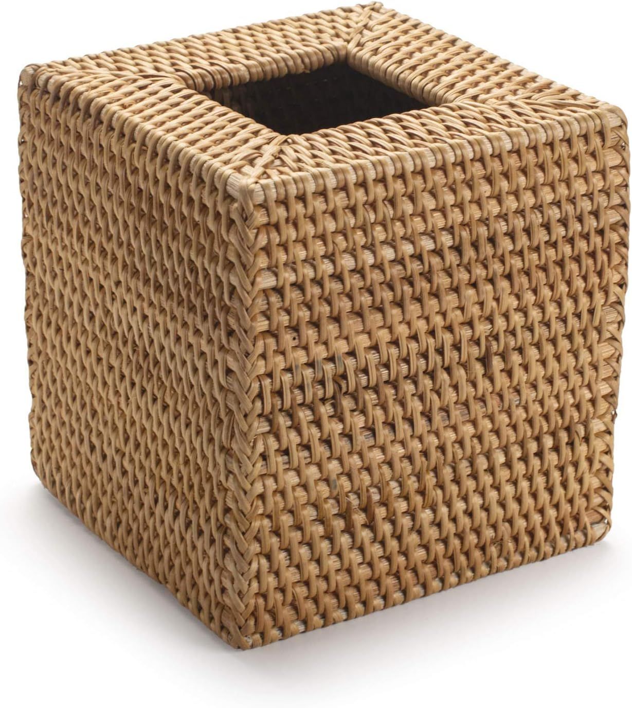 Open-bottom view of the natural handwoven rattan tissue box cover by Serein Home, showing the accessible refill design.