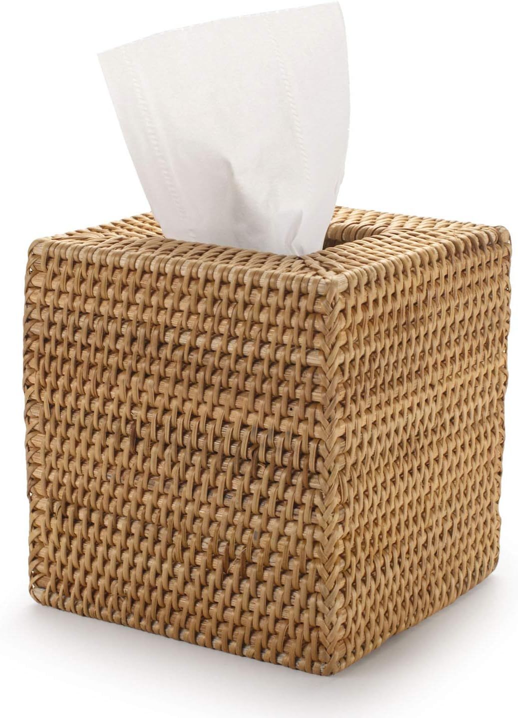 Natural handwoven rattan tissue box cover by Serein Home shown from a front three-quarter angle with a white facial tissue.
