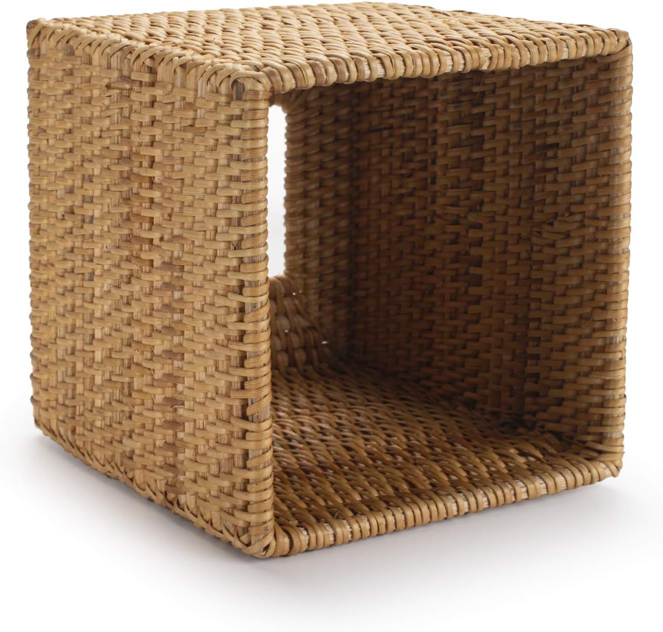 Open-bottom view of the natural handwoven rattan tissue box cover by Serein Home, showing the accessible refill design.