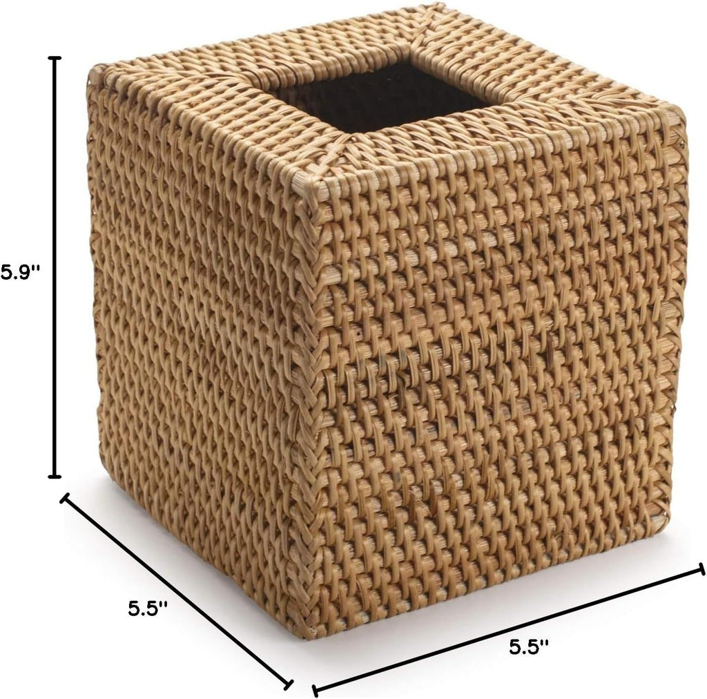 Natural handwoven rattan tissue box cover by Serein Home with exterior measurements of 5.5 by 5.5 by 5.9 inches.