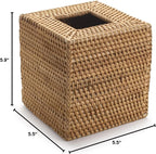 Natural handwoven rattan tissue box cover by Serein Home with exterior measurements of 5.5 by 5.5 by 5.9 inches.