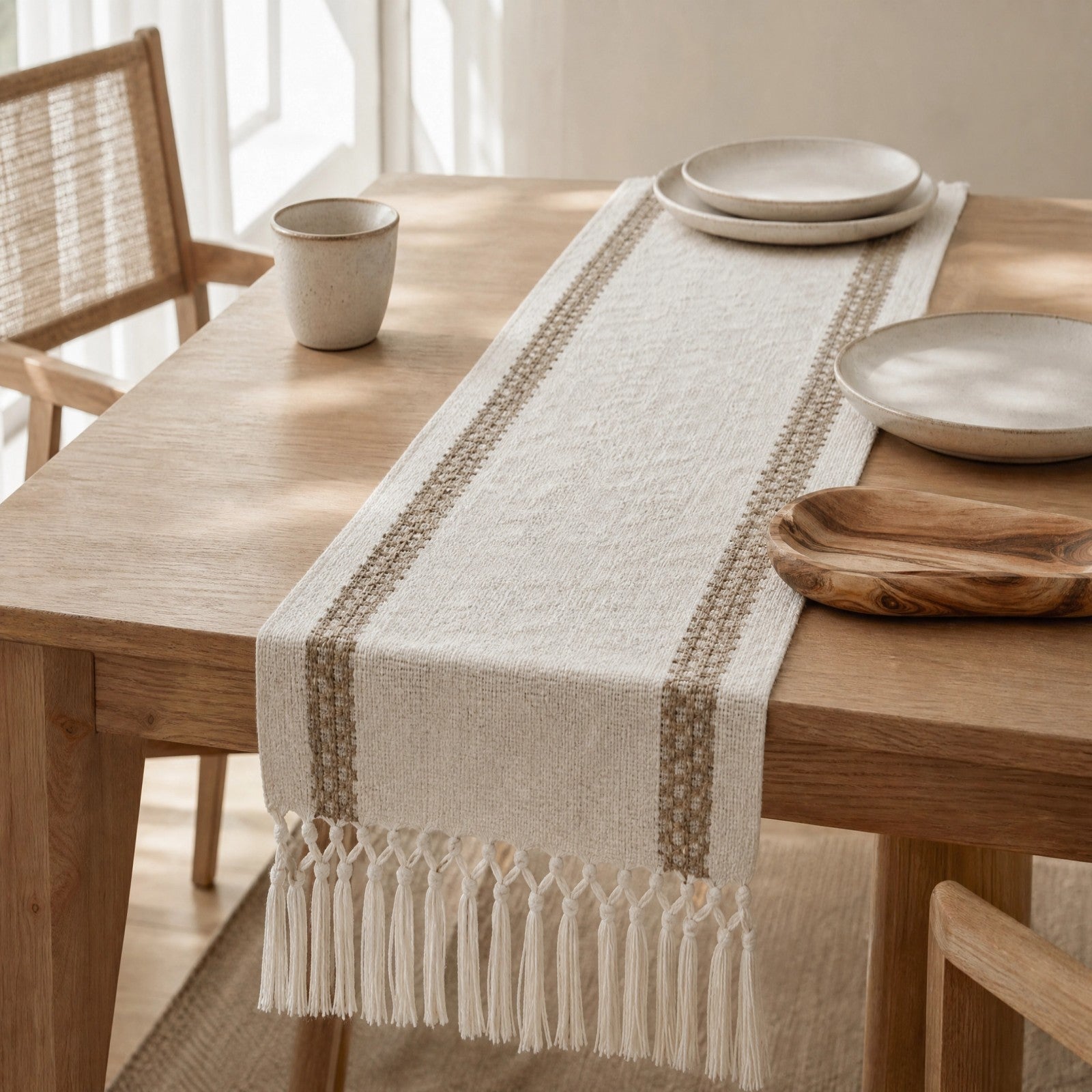 Ivory striped linen table runner styled on a natural wood dining table with ceramic tableware