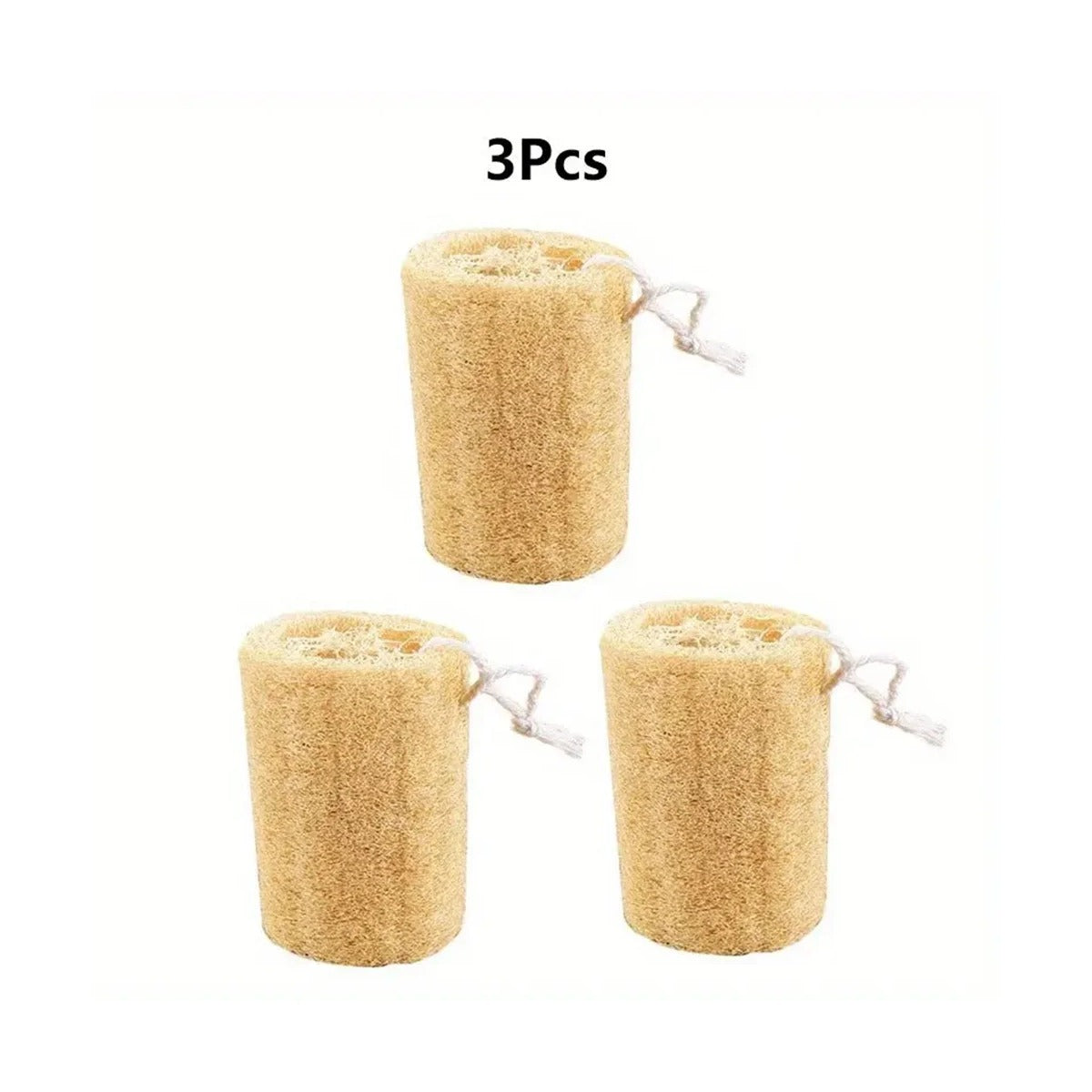 Set of three natural loofah body scrubbers with cotton hanging loops on a white background