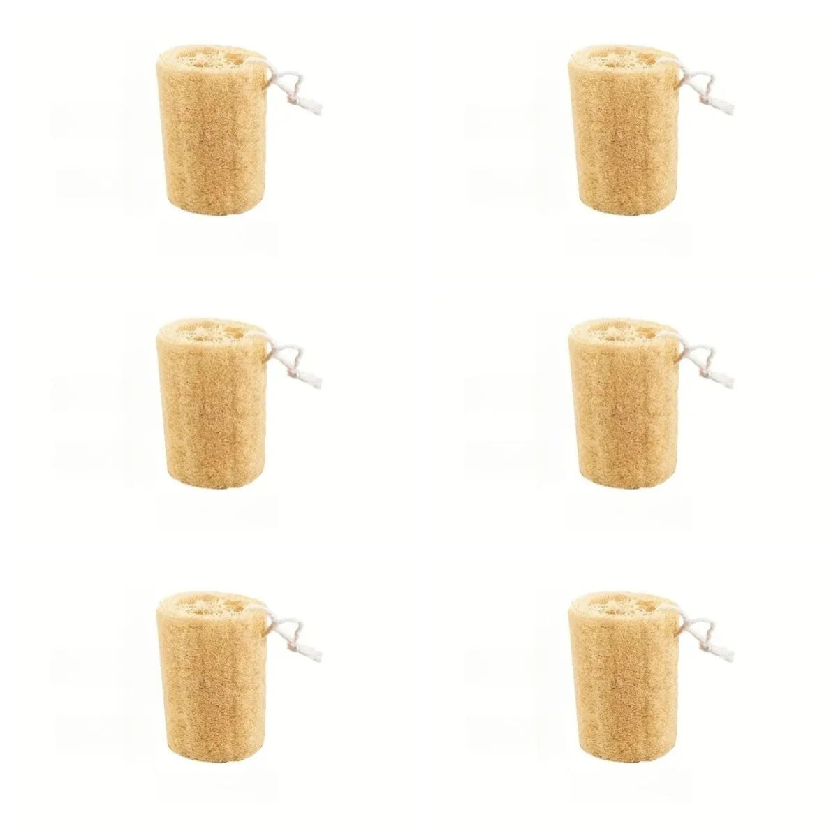 Set of six natural loofah body scrubbers with cotton hanging loops on a white background