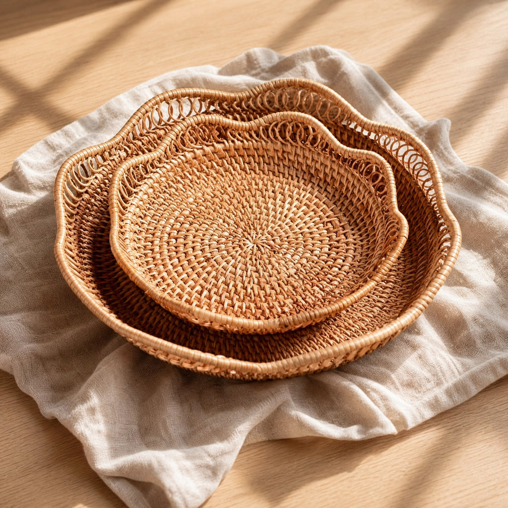 Collection of natural handwoven rattan trays with scalloped edge style on linen surface