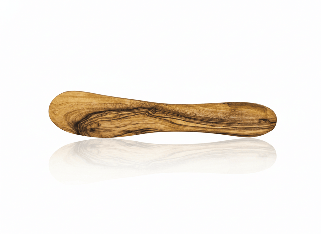 Handcrafted olive wood butter spreader made from natural wood with smooth polished finish