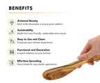 Wooden spoon with benefits listed on a white background