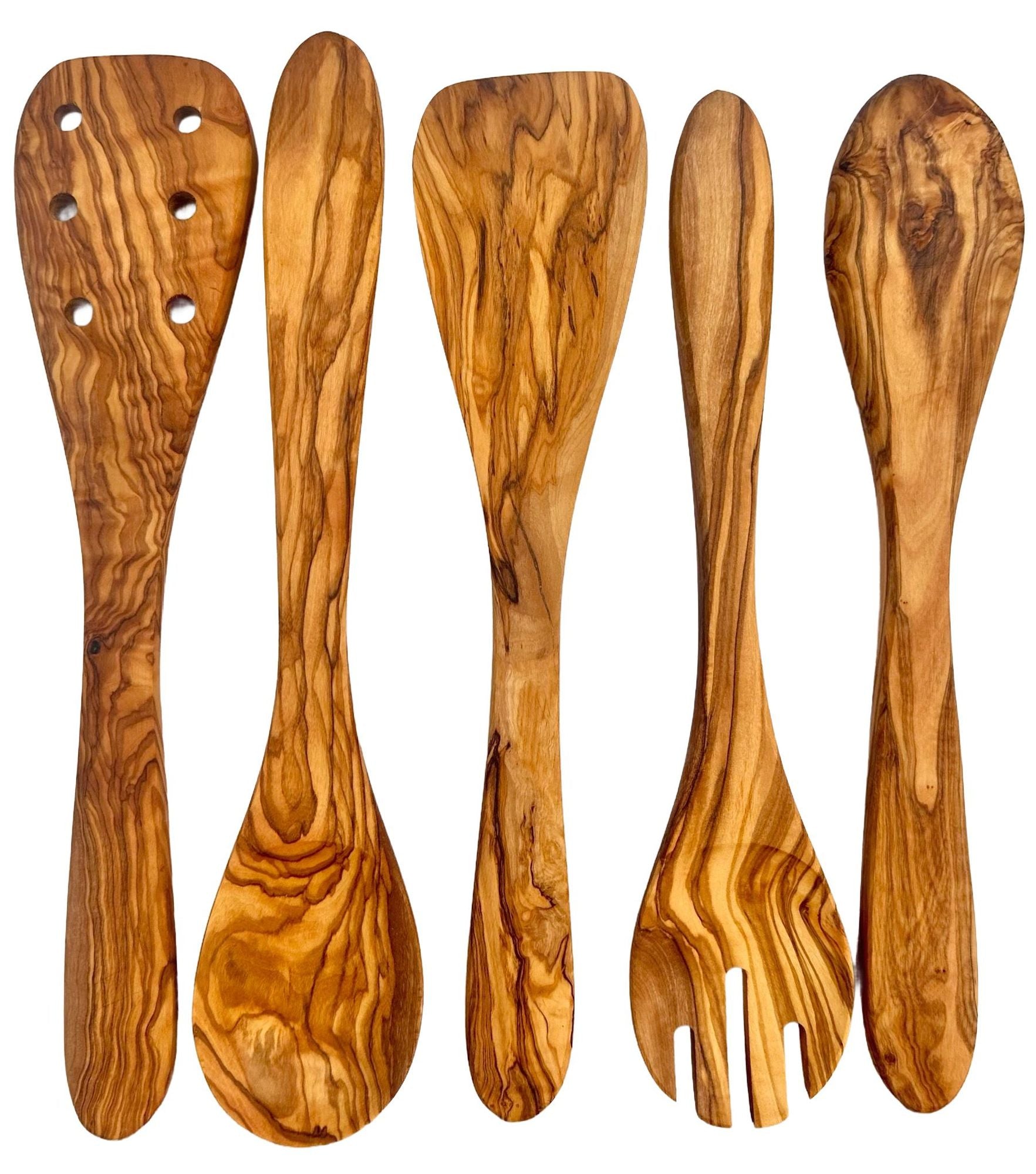 Close-up of five olive wood cooking utensils showing natural grain patterns.
