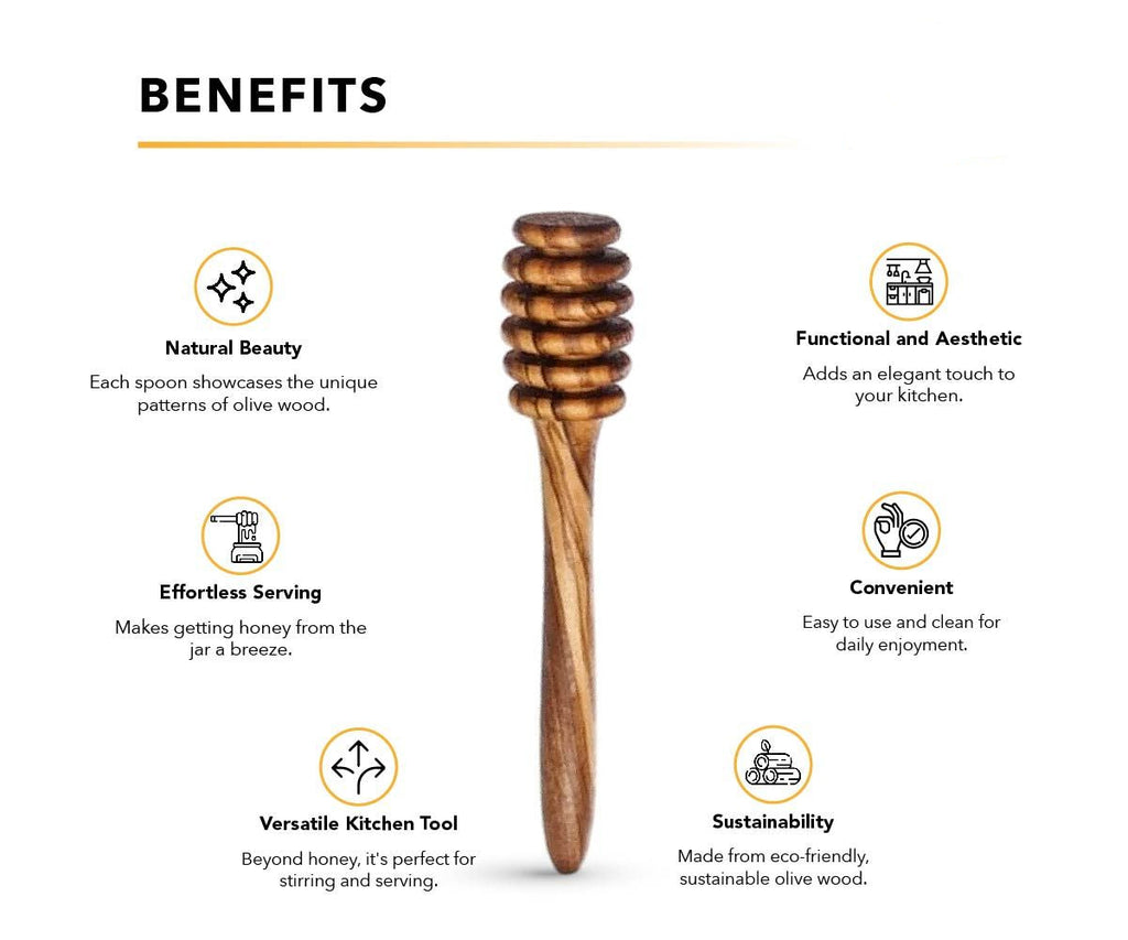 Wooden honey dipper with benefits listed on a white background