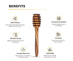 Wooden honey dipper with benefits listed on a white background