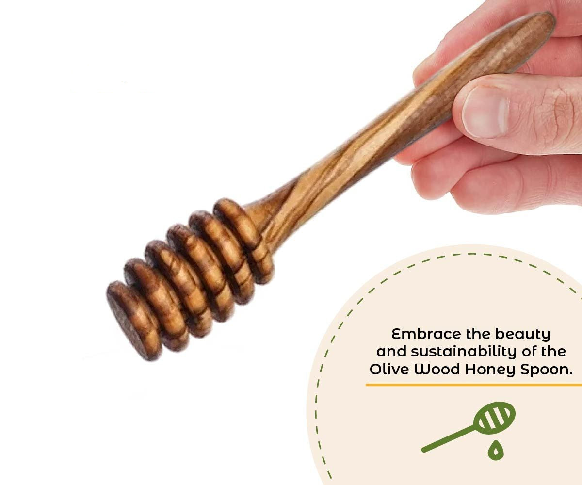 Close up of handcrafted olive wood honey dipper showing natural wood grain