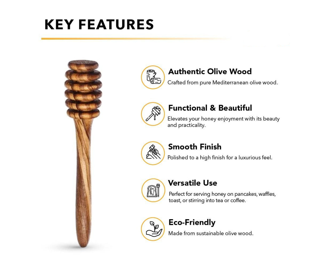 Wooden honey dipper with key features listed on a white background.