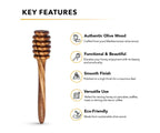 Wooden honey dipper with key features listed on a white background.