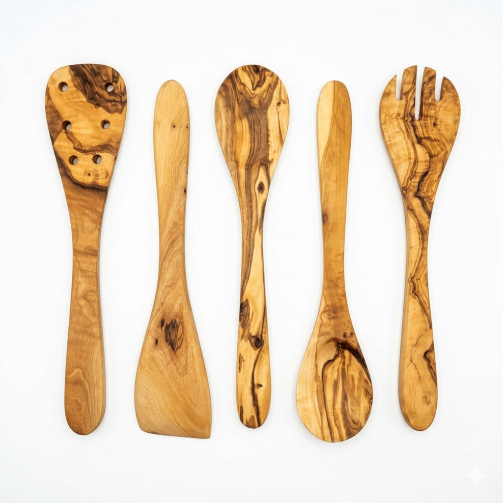 Five piece olive wood kitchen utensil set with spoons, spork, and spatula.