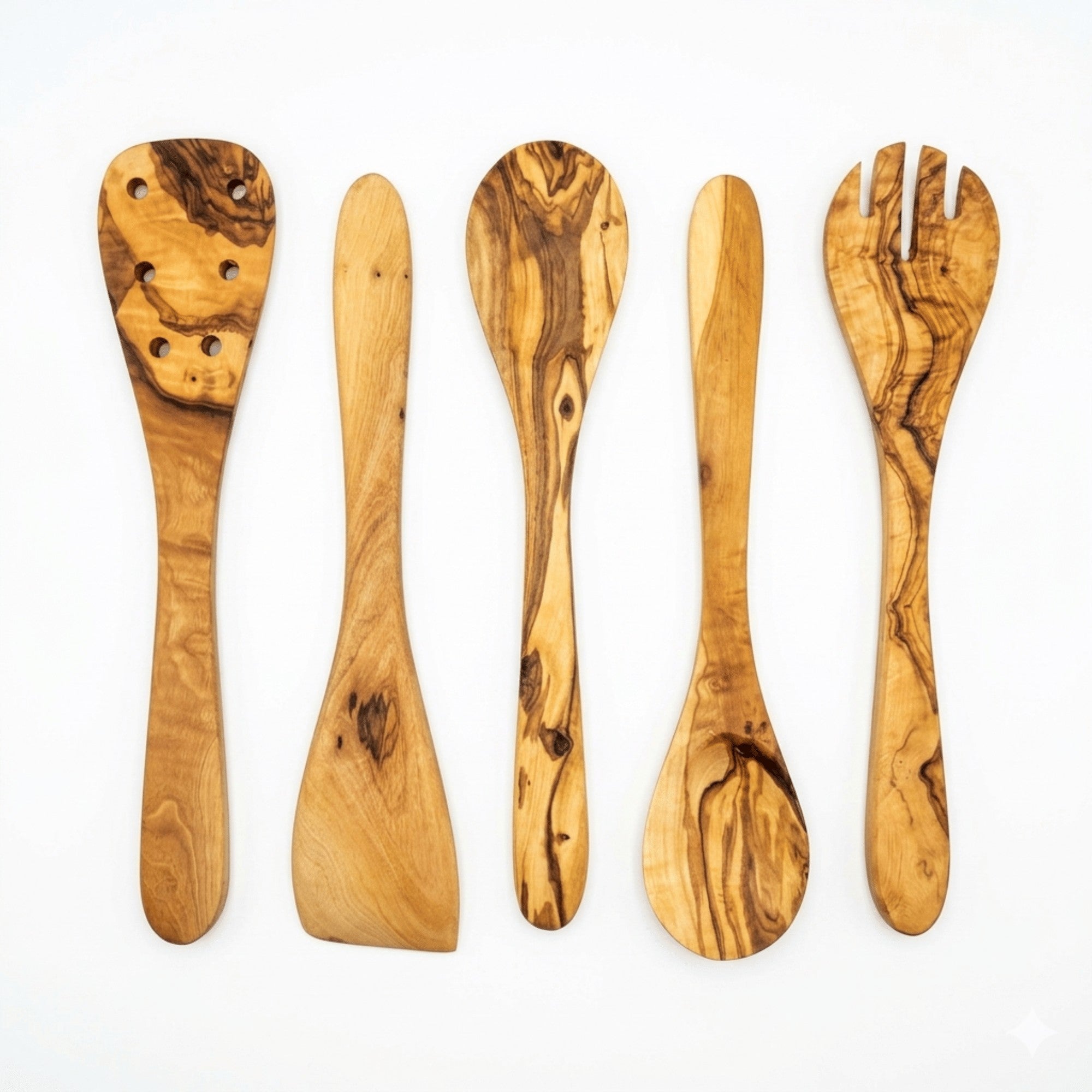 Five piece olive wood kitchen utensil set with spoons, spork, and spatula.