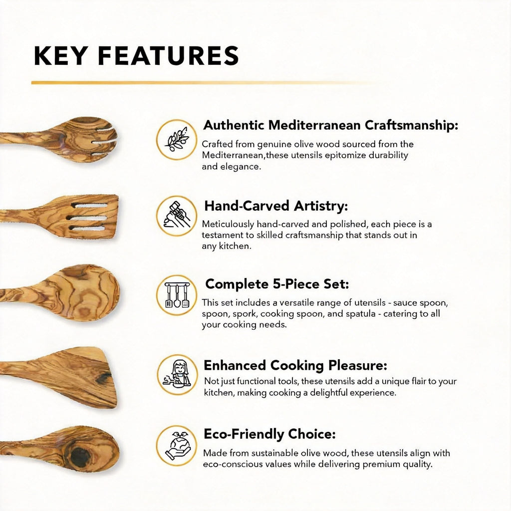 Key features of a five piece olive wood utensil set with spoons, spork, and spatula.