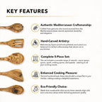 Key features of a five piece olive wood utensil set with spoons, spork, and spatula.