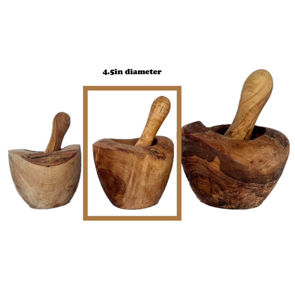 Three olive wood mortars side by side with the 4.5 inch diameter one marked