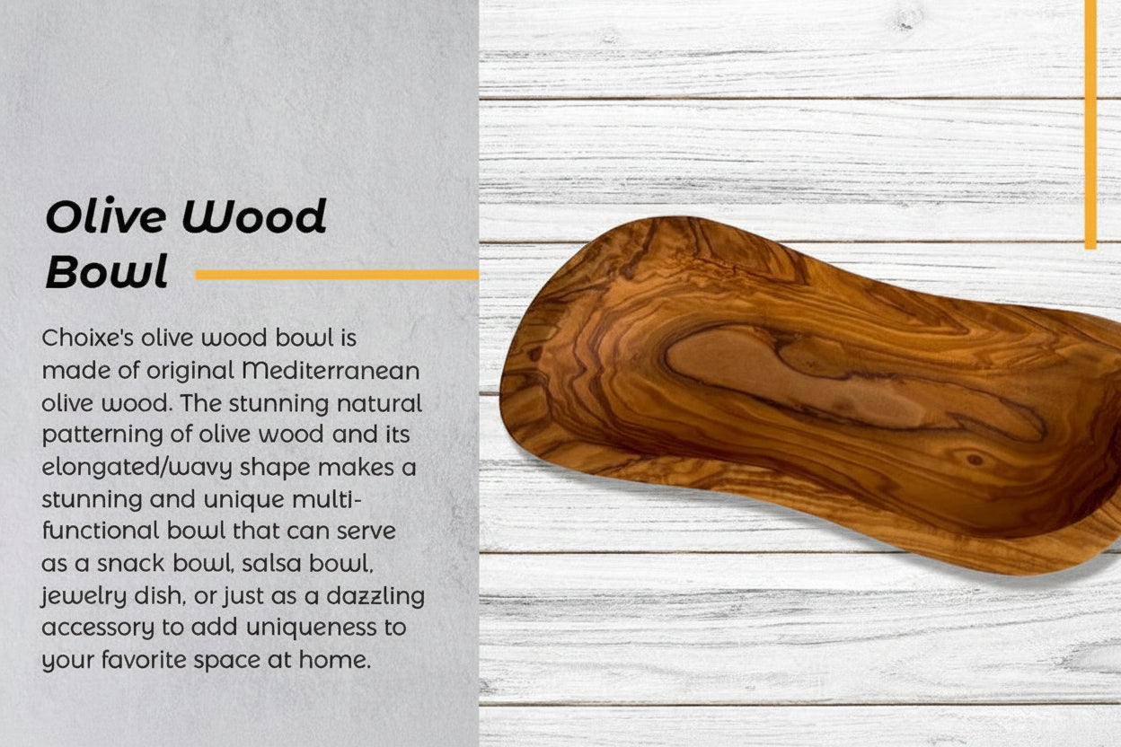 Close up of handcrafted olive wood bowl highlighting natural Mediterranean wood grain texture