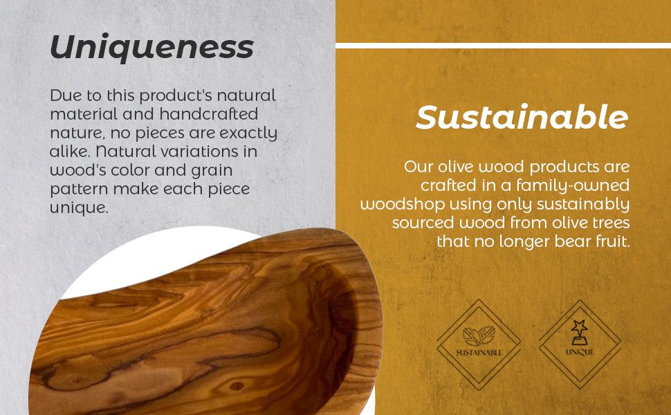 Each olive wood bowl showing unique natural grain patterns emphasizing one of a kind design