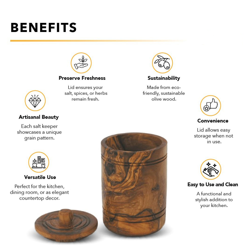 Olive wood salt keeper showing benefits of keeping salt dry, fresh, and easily accessible