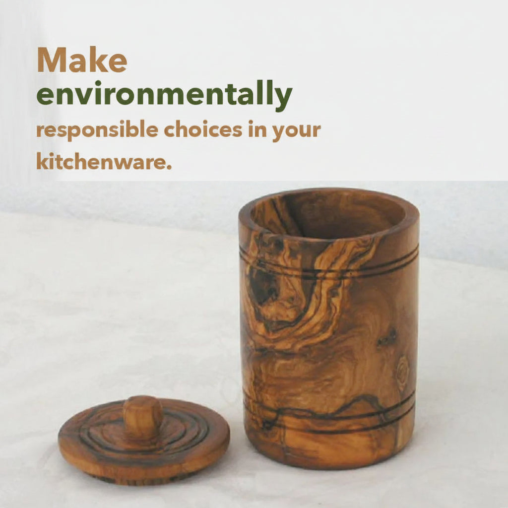 Eco friendly handcrafted olive wood salt keeper representing sustainable kitchenware choice