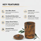 Handcrafted olive wood salt keeper highlighting lid, smooth finish, and natural wood grain