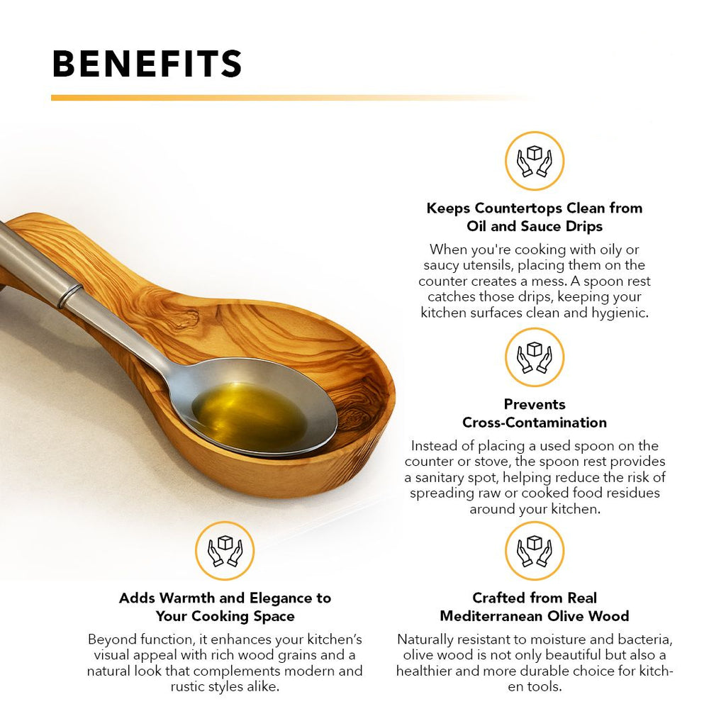 Wooden spoon rest with olive oil and benefits text on a white background