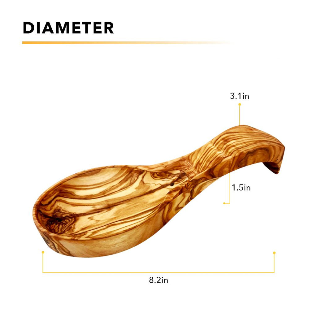 Close up of handcrafted olive wood spoon rest showing natural wood texture